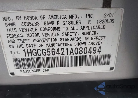 2001 Honda Accord 2.3 Lx from USA, damaged, VIN 1HGCG56421A080494